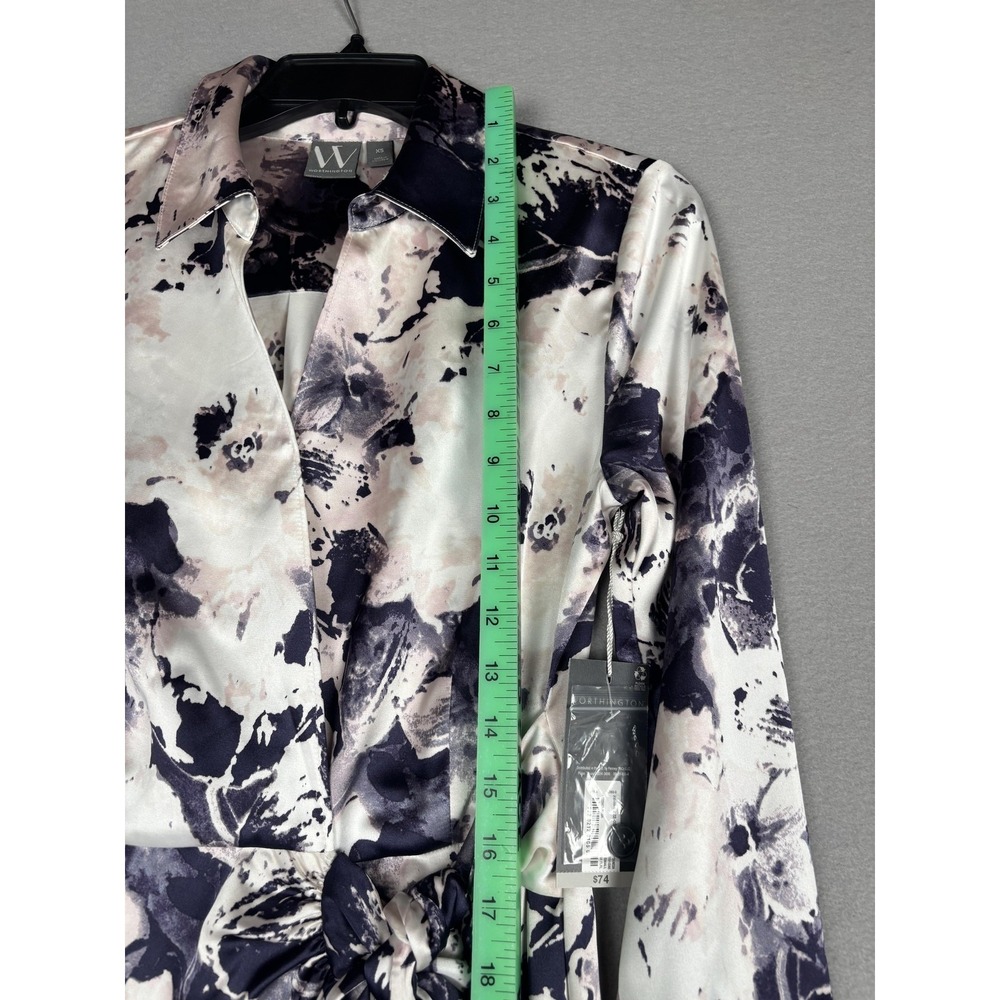 Worthington Shirt Dress Womens XS Multicolor Floral Satin Wrap Midi Tie Waist - Picture 9 of 16